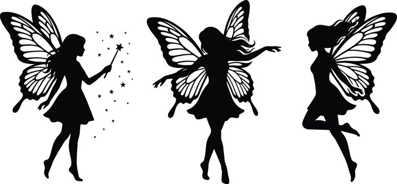 Set of three black fairy silhouettes with butterfly wings and magic wand isolated on white background for mystical vector design