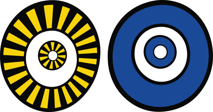 Geometric evil eye protection symbols, blue and yellow nazar amulet vector icons, spiritual mystical charms for luck and safety