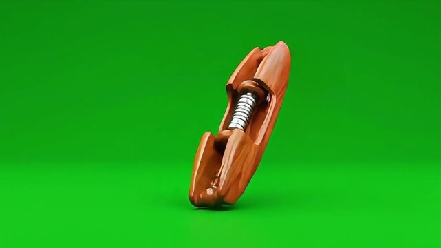 Wooden Nutcracker with Metal Spring Mechanism on Green Background.