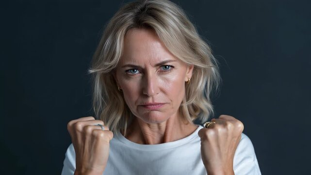 Mature woman expresses anger and frustration, clenching fists.