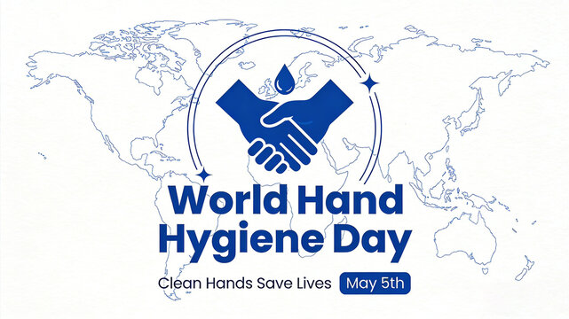 Handshake Water Drop World Map Element World Hand Hygiene Birthday Poster, promoting hand hygiene knowledge and advocating for clean hands to protect life as a public welfare campaign.
