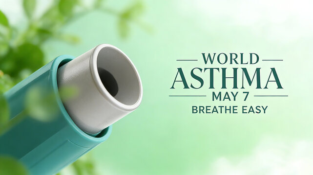 World Asthma Day poster featuring asthma inhalers and green plant elements, as well as public welfare promotion promoting asthma prevention and treatment science, advocating for scientific medication,