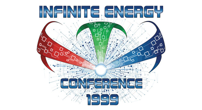 A retro-futuristic poster displays INFINITE ENERGY CONFERENCE 1999 text, with a central glowing orb emitting three circuit-patterned ribbons in red, green, and blue.