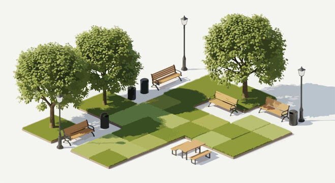 Isometric Park Landscape Vector with Trees, Benches, and Picnic Tables