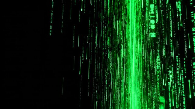 Green glowing digital code falling vertically against black background representing binary data streams and cyber security concepts in a matrix style.