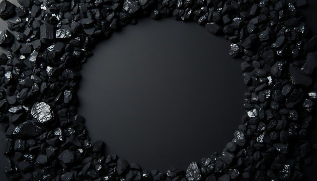 Circular Frame of Black Coal Chunks on Dark Background with Copy Space