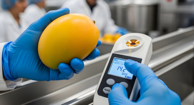 Quality Control Specialist Measuring Brix Sweetness Level of Mango with Digital Refractometer