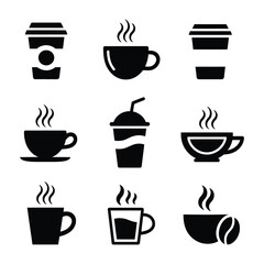 Obraz premium Collection of nine coffee silhouette with cups and steam vector 