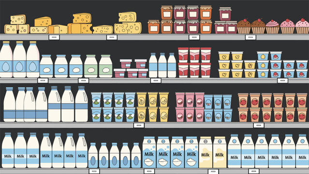 Supermarket refrigerator display case filled with a large variety of dairy products such as milk, cheese, and yogurt.