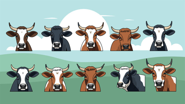 Set of ten pixel art cow heads with various colors and patterns standing on a green pasture under a clear blue sky with a large bright sun.