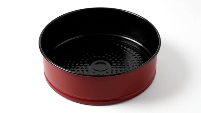 Empty round red metal springform cake baking pan on white