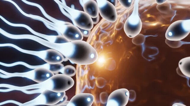 Human fertilization process conceptual 3D animation shows the penetration of sperm into an egg