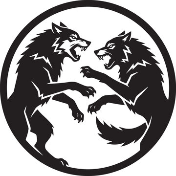 Two aggressive wolves snarling and fighting in a circle, symbolizing conflict, wildness, and pack dynamics in a graphic style