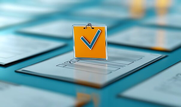 Close up of orange clipboard with blue checkmark on a list, success confirmation and survey concept, close-up top view.