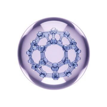 A blue-tinted C60 molecule in a glossy, spherical pale lavender liquid droplet, macro photography style with sharp reflections on a transparent background, scientific visualization concept