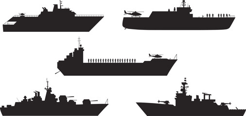 Set of military warship and cargo ship silhouettes isolated on white background for naval defense logistics transportation and maritime industry vector design © Asib