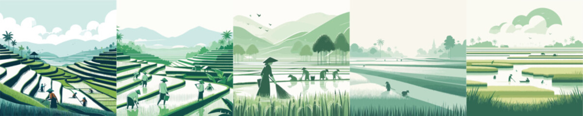 vector view of rice fields and farmers © Jefri Syahputra BKL