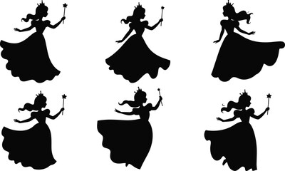 Set of elegant princess silhouettes with magic wands and flowing dresses isolated on white background for fairy tale fantasy design and storytelling © Asib