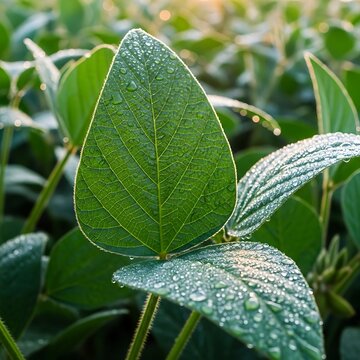 Close-up of Lush Green Soybean Leaves with Water Droplets.
