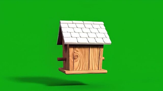 Wooden birdhouse on a green screen background.
