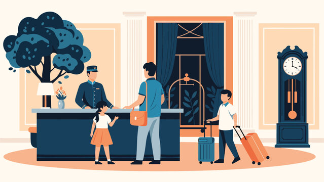 Father and his two children checking into a grand hotel at the reception desk with a porter and suitcases.