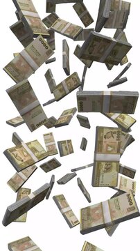 Vertical Sri Lanka Money, Falling Sri Lankan Rupee Bills, Cash Stacks Isolated on White, 4K