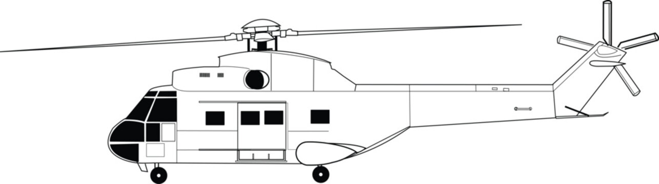 Military Transport Helicopter SA 330 Puma Aerospatiale Side View Vector Illustration Graphic
