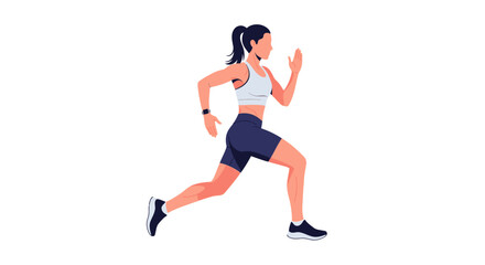 A woman in athletic wear runs quickly across a plain background in motion.