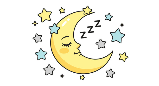 A sleeping moon face surrounded by stars in the night sky is peacefully dreaming.