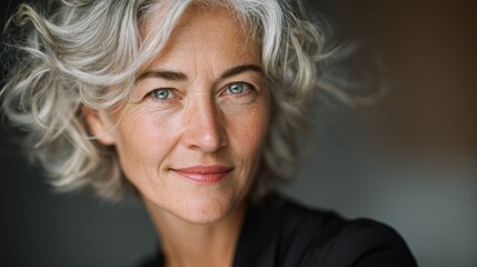 Fototapeta premium Close-up Portrait of a Confident Silver-Haired Woman in Her Mid-Sixties With a Warm Smile and Soft Background for Corporate and Media Use