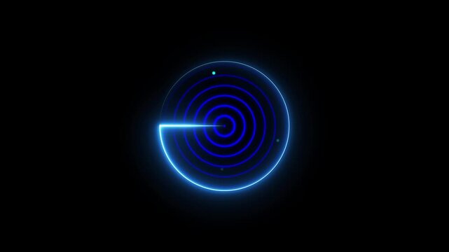 Futuristic blue neon radar screen detecting targets on black background, technology concept