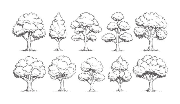Ten hand drawn deciduous trees in various shapes and sizes nature foliage branches