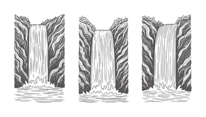 Three distinct hand drawn waterfalls cascading into water cascade nature rock © Rakibul V