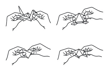 Naklejka premium Hands folding paper crane in four-step sequence on dark backdrop