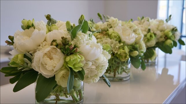modern white floral arrangement with chartreuse green accents elegant botanical decor