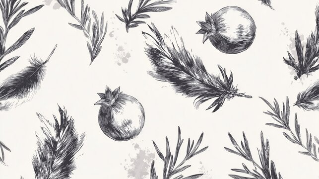 vintage botanical seamless pattern with feathers pomegranate seeds and rosemary
