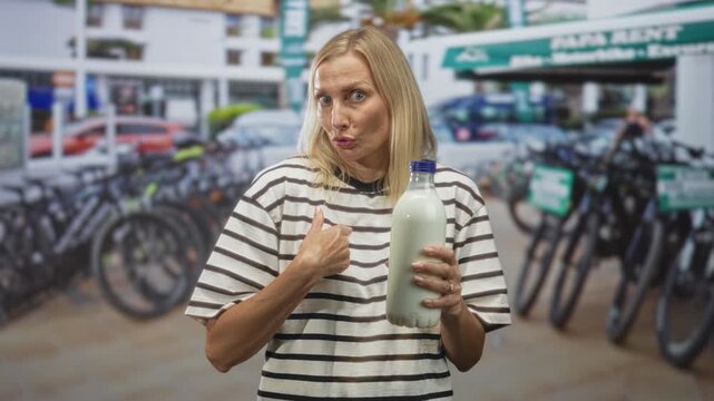 Woman points finger to milk bottle while holding it in hand before a street storefront lined with parked bicycles and pavement; surprise curiosity.