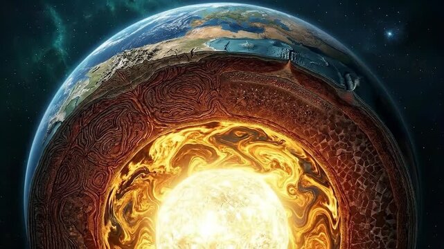 Earth, planet's intricate internal structure, revealing incandescent molten core, dynamic mantle layer, geological composition, solid crust, displaying deep geosphere.