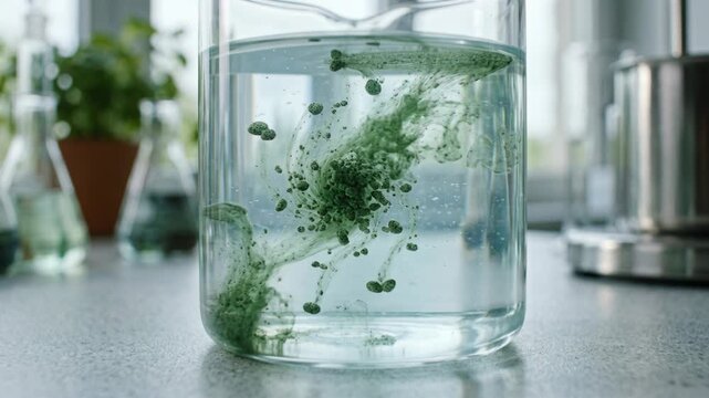Green catalysts green chemistry swirling green pigment diffuses clear water inside glass beaker creating fluid reaction and organic diffusion patterns