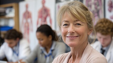 Obraz premium Woman Studying Anatomy in Healthcare Training Program With Classmates in a Bright Classroom Setting