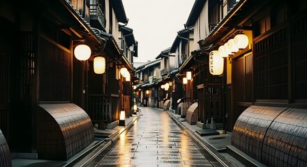 Obraz premium Traditional narrow street in kyoto district with paper lanterns glowing at wet night time.