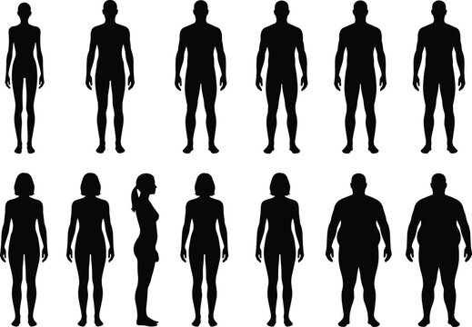Human body silhouettes vector set with male female different body types isolated black figures illustration collection anatomy design