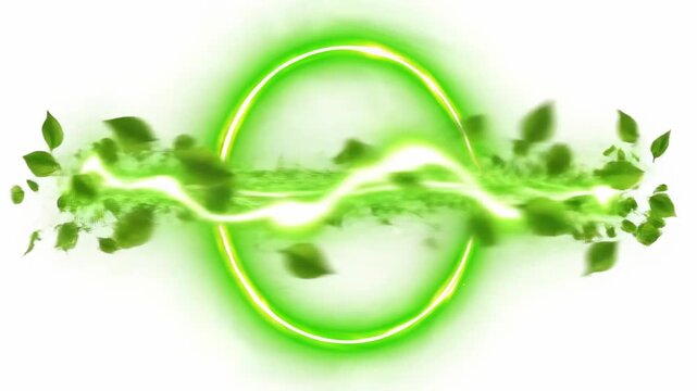 Dynamic Green Energy Portal featuring a glowing ring and lightning beam with organic leaf particles on a white background ideal for eco-friendly branding and futuristic motion graphics.