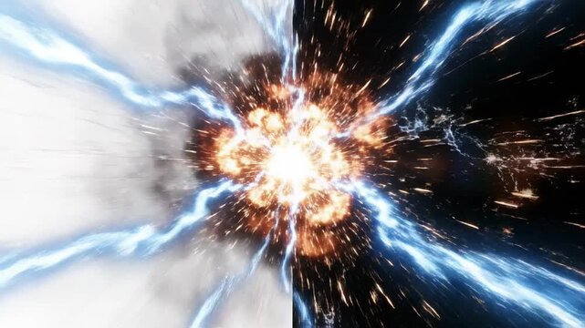 Dynamic Spark Explosion with anamorphic lens flare on a split black and white background ideal for transition effects and cinematic overlays.