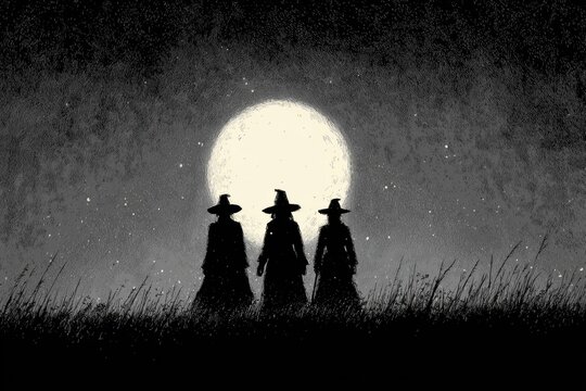 Silhouettes of three witches standing in a field under a full moon at night, dark spooky atmosphere with tall grass and eerie sky for Halloween or fantasy theme.
