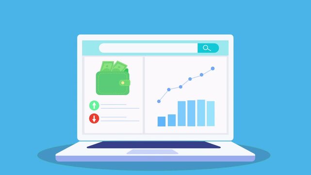Flat animated video of a laptop displaying a dashboard with digital wallet icon and analytics chart, representing mobile payments, financial tracking, and business insights.
