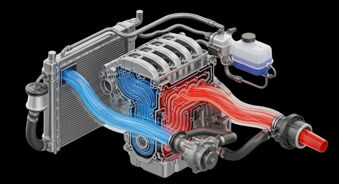 A detailed cutaway view of a car engine cooling system on transparent background