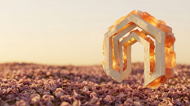 Abstract geometric salt crystal portal floating over a field of dried pink petals.