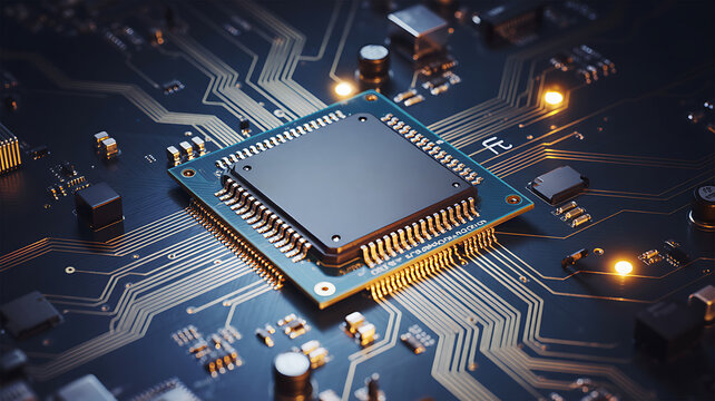 Close-up view of CPU processor on circuit board glowing orange lights symbolizing advanced technology electronic components computer hardware.