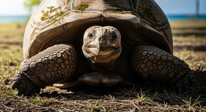 A giant tortoise stares directly at the viewer, on grassy ground